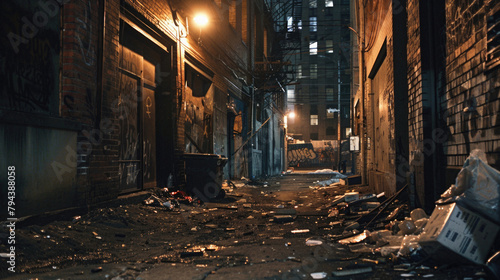 A dark alleyway with graffiti on the walls and trash on the ground