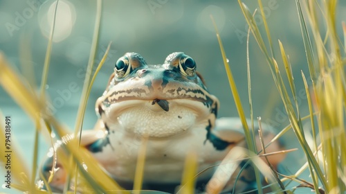 A close up of a frog with a fly in its mouth