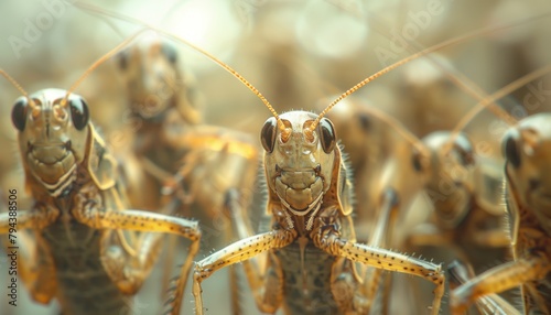 A close up of a group of locusts staring at the camera.