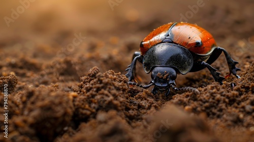 A closeup photograph of a black and orange beetle crawling through the dirt.