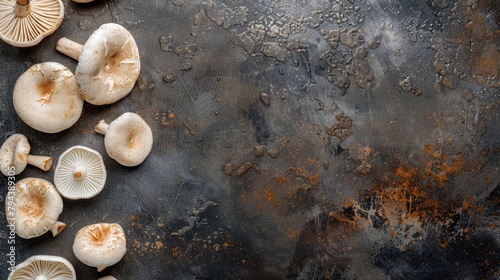 Close-up of raw brown mushrooms, some sliced, on dark background.