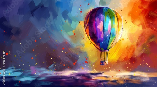  A vibrant hot air balloon drifts above a water body, surrounded by a richly hued sky