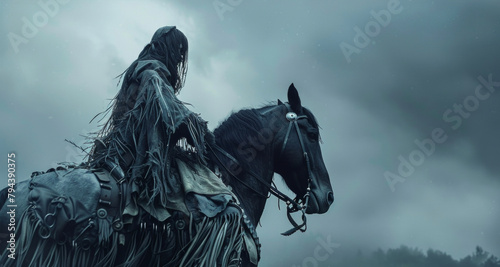 A haunting figure perched atop a horse their leather coat adorned with intricate silver buckles and with fringe. .