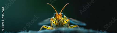 A green and yellow wasp looking at the camera