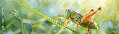 A green grasshopper sits on a stalk of grass in the morning sun.
