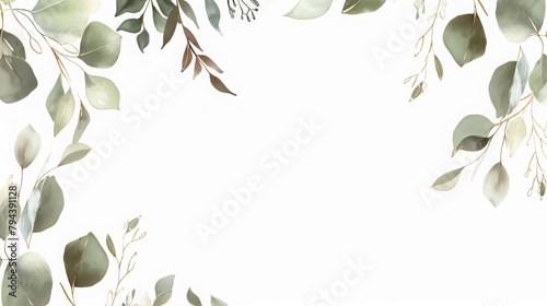 The greenery watercolor frame features eucalyptus foliage. Botanical invitation template. Hand-painted green leaves and branches corner border. PNG clipart.
