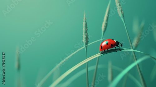 A ladybug is sitting on a blade of grass.