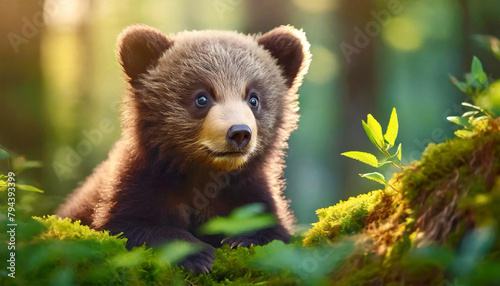 Brown bear cub in a lush forest, illustration.