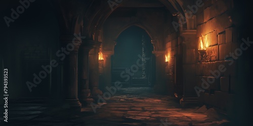Dark dungeon long medieval castle corridor backgrounds, scary endless medieval catacombs with torches. Mystical nightmare concept. 