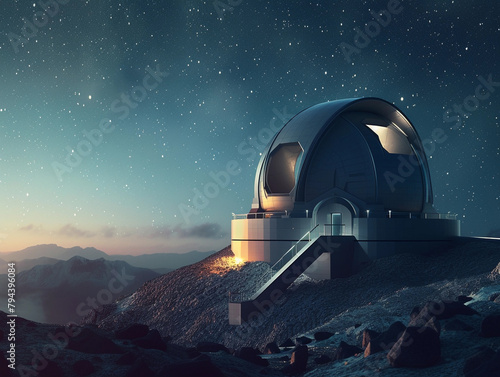 Observatories with telescopes under a starry night.