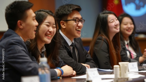 A warm smile adorns the diplomats face as they speak passionately in Mandarin demonstrating their understanding and appreciation of global perspectives. .