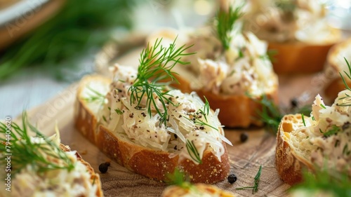 elegant appetizer platter with sauerkraut and pork crostini pate, garnished with fresh dill and ground black pepper, perfect for a cocktail party
