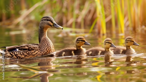 Serene image depicting a mother duck leading her ducklings through calm waters amid reeds