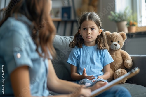 little girl sitting on the sofa with her toy bear, talking to her mother.