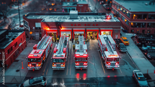 A group of fire trucks are parked outside a fire station