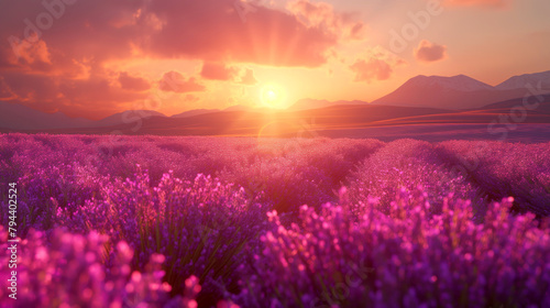 Lavender fields at sunset, a serene and fragrant landscape bathed in warm light. Ideal for relaxation, aromatherapy, and tourism.