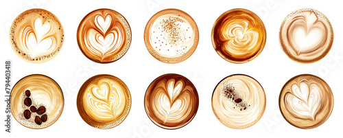 Collection of cut out cappuccino and coffee art without cups. Realistic digital illustration on transparent background