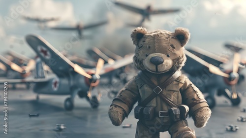 An adorable 3D rendering of a teddy bear leading a squadron of toy airplanes into battle AI generated illustration