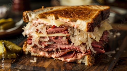 hearty Reuben sandwich, piled high with corned beef, Swiss cheese, and a thick layer of tangy sauerkraut on rye bread,