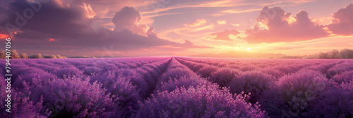 Sunset over lavender. A tranquil lavender field at sunset, ideal for serene and peaceful themes.