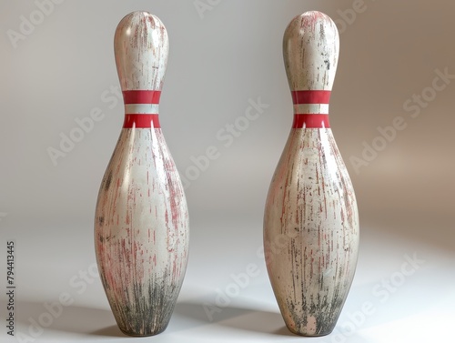 Two vintage wooden bowling pins with red stripes, showcasing a worn and distressed appearance, evoking a sense of nostalgia for classic bowling alleys and retro sports.