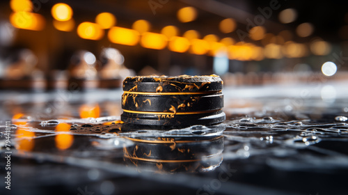 The hockey puck sits ready on the ice, anticipating the next play. Hockey puck captured in detail, its black form contrasting sharply. Every nick on the hockey puck tells a story