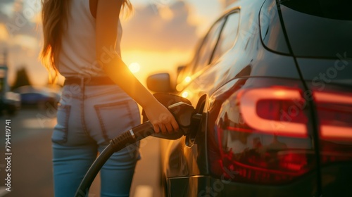 woman refueling his car at a gas station at sunset