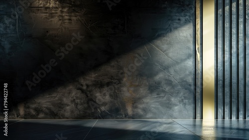 Abstract image of light seeping through vertical slits in dark, textured wall