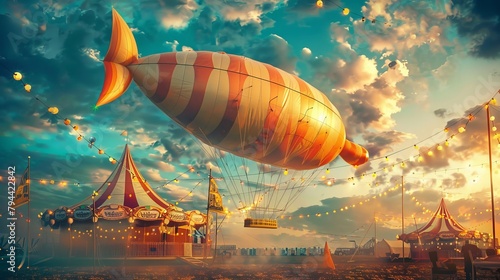 Balloon animal-shaped blimp floating above a circus tent AI generated illustration