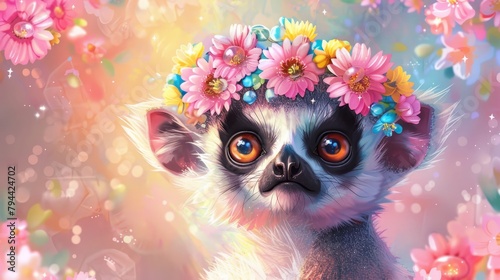  A monkey painted with a flower crown, encircled by pink and yellow blossoms