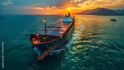 Cargo Ship Demonstrates Sustainable Practices with Solar Panels. Concept Sustainable Shipping, Solar Technology, Cargo Ship Innovation