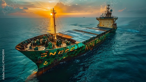 Cargo ship with solar panels showcases green energy use for sustainability. Concept Sustainability, Green Energy, Solar Panels, Cargo Ship, Innovation