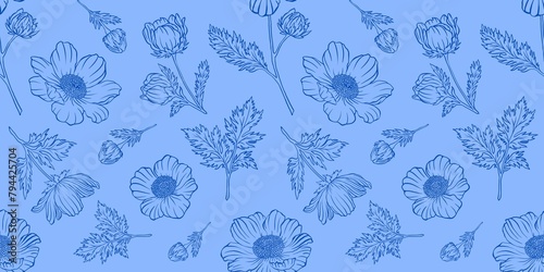 Seamless floral pattern adonis line graphic spring summer cute romantic contour blue flowers simple