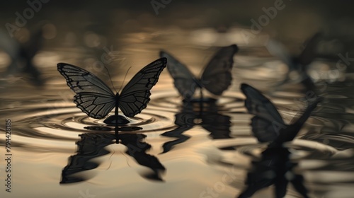  A tight shot of a butterfly hovering above mirrored waters, its wing reflection precisely depicted beneath