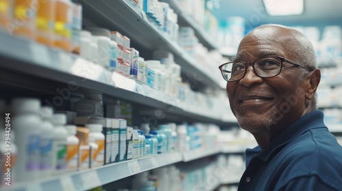 A man standing in front of a shelf filled with various types of medicine and pharmaceutical products