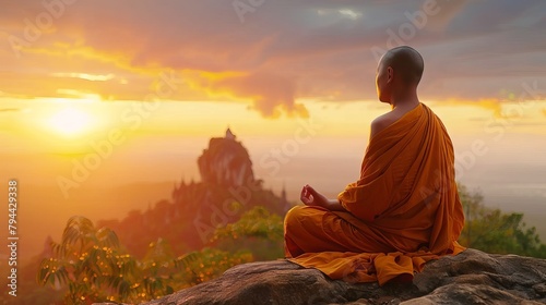 Thai buddhist monk meditating on a mountain at sunrise. Spiritual contemplation with breathtaking landscape. Concept of Buddhism, prayer, zen, and spiritual enlightenment at dusk.