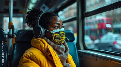 Black woman, covid and mask with headphones in transport for safe traveling, trip or destination during pandemic. African American woman wearing safety mask on public transportation