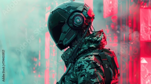 poster on a clean futuristic background female cyborg in camouflage armor with artificial intelligence future of humanity world order soldier cyberpunk 2077