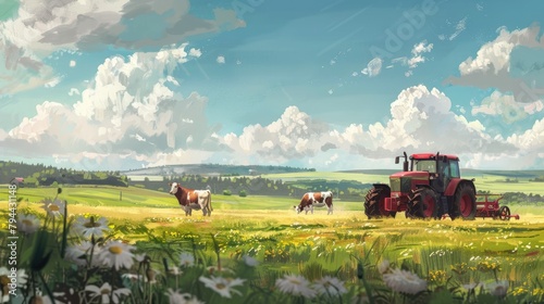 Procreate vector art style poster agriculture farming field red tractor minimalism village spring. A minimum of rural landscape. Cartoon village farm with cow sheep in wheat field. AI Generated 