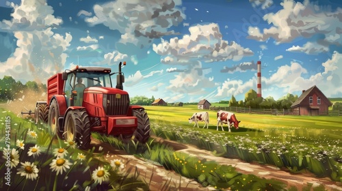 Procreate vector art style poster agriculture farming field red tractor minimalism village spring. A minimum of rural landscape. Cartoon village farm with cow sheep in wheat field. AI Generated 