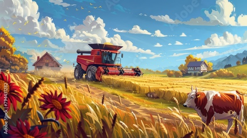 Red combine harvester harvests ripe wheat in a large wheat field. Agricultural activity, excellent harvest at sunset. Poster yellow wheat field combine harvester minimalism village harvest 