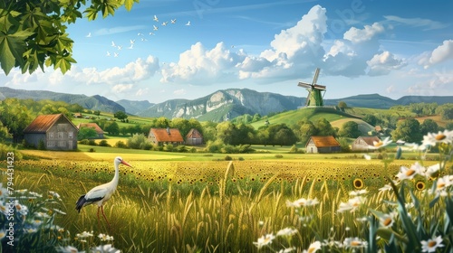 Procreate style poster agriculture farming field combine stork windmill village spring