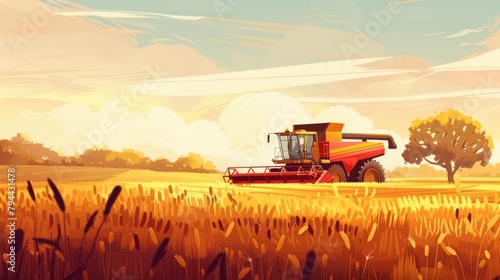 Yellow combine harvester harvests ripe wheat in a large wheat field. Agricultural activity, excellent harvest at sunset. Poster yellow wheat field combine harvester minimalism village harvest 