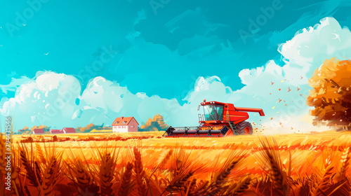 Red combine harvester harvests ripe wheat in a large wheat field. Agricultural activity, excellent harvest at sunset. Poster yellow wheat field combine harvester minimalism village harvest 