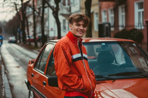 Smiling stylish young man in 80s vintage track suit stands near car in Wroclaw, Poland