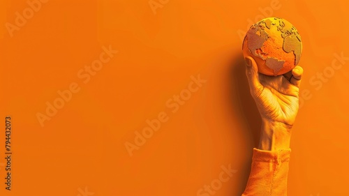 Person's hand holding small globe against orange background