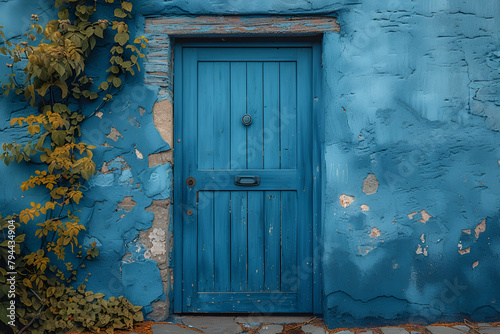 Blue Wooden Door on Gray Concrete Wall, Old blue door in the old town of Essaouira Morocco 