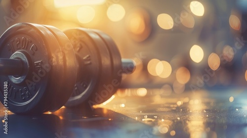 Softly blurred shot of a weightlifting area with striking visual elements of metallic dumbbells and weight plates symbolizing the beauty and strength found in the pursuit of fitness .