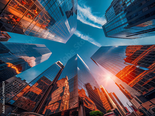 Vista de edificios durante el atardecer, rascacielos con reflejos en ventanas