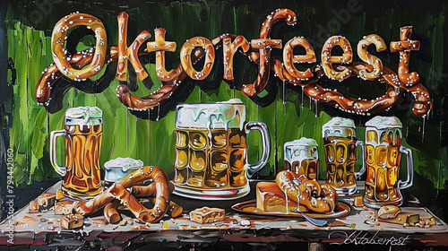 A lively lime green canvas with "Oktoberfest" written in bold, adorned with frothy beer steins and pretzels.